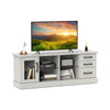 Gray 63-inch media console table with 3 drawers and 2 removable glass shelves, ideal for TV storage and organization.