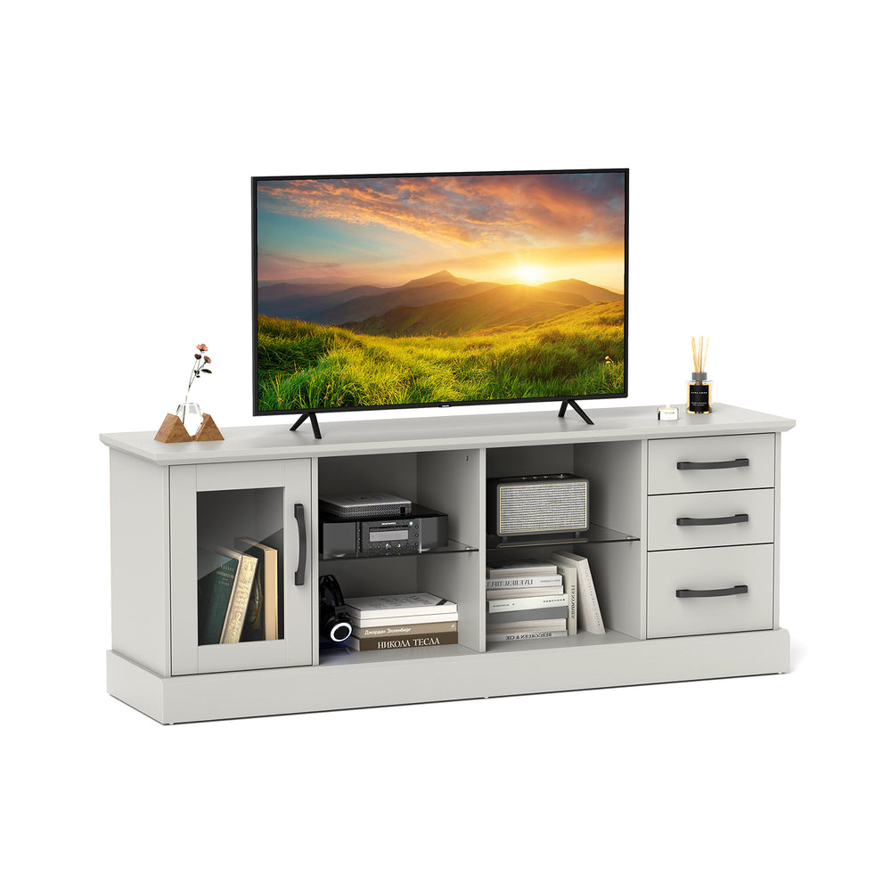 Gray 63-inch media console table with 3 drawers and 2 removable glass shelves, ideal for TV storage and organization.