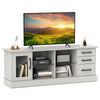 Media console table in gray with 3 drawers and 2 glass shelves, perfect for organizing TVs and media in any room.