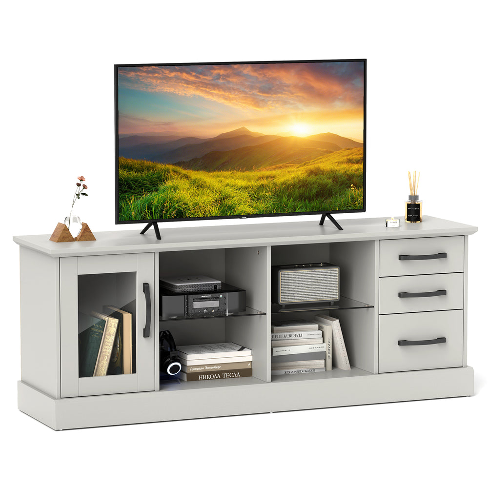 Media console table in gray with 3 drawers and 2 glass shelves, perfect for organizing TVs and media in any room.