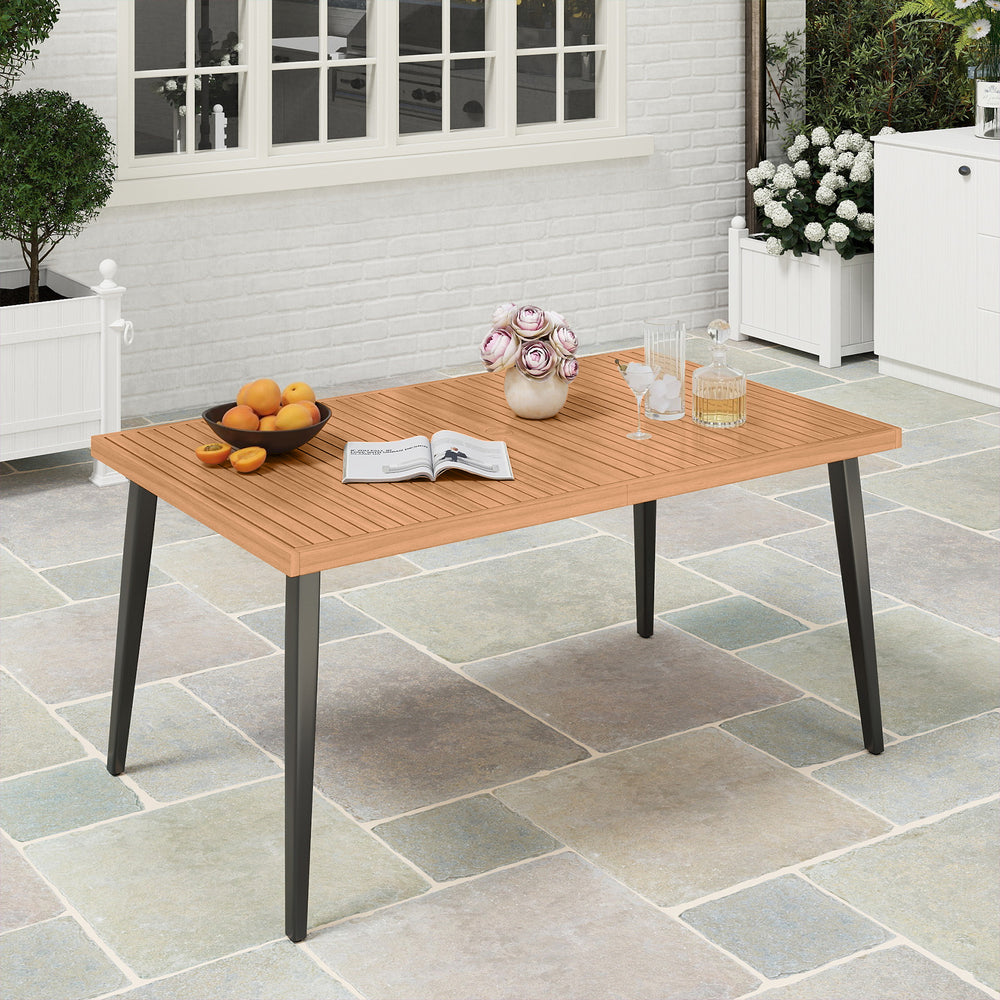 63-inch acacia wood dining table with tapered metal legs and umbrella hole, perfect for indoor or outdoor dining.