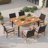 63-inch acacia wood dining table with metal legs, seating 6, featuring an umbrella hole, ideal for outdoor dining.