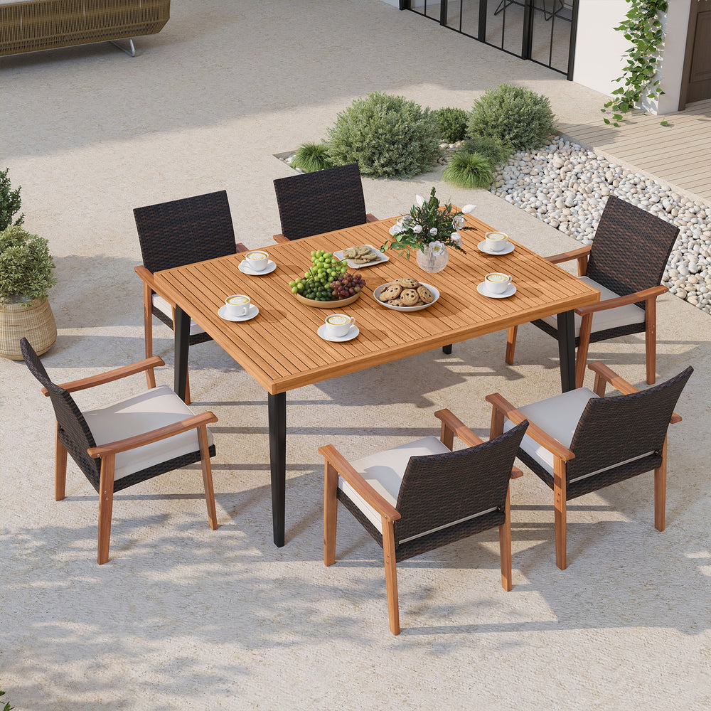 63-inch acacia wood dining table with metal legs, seating 6, featuring an umbrella hole, ideal for outdoor dining.