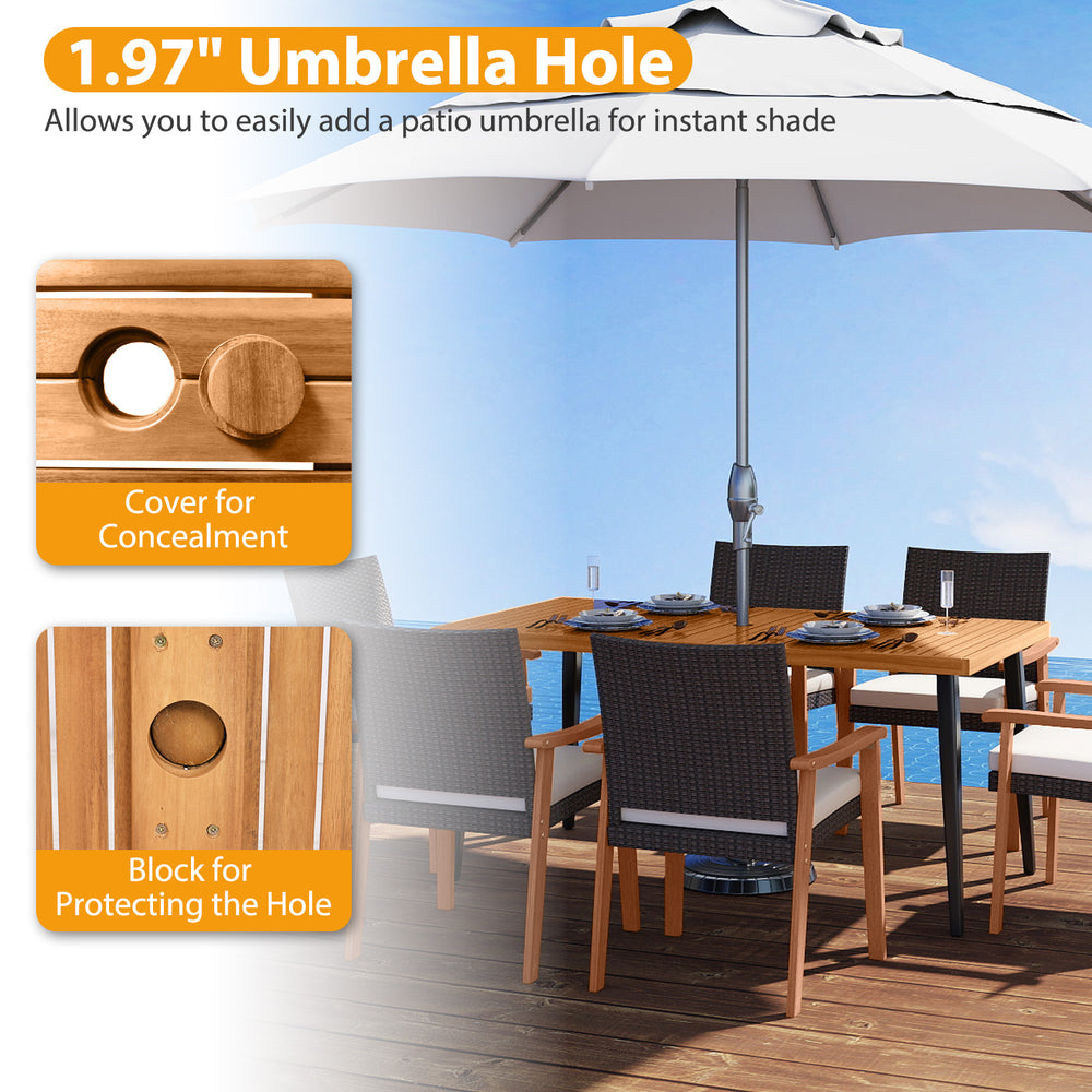 63-inch acacia wood dining table with 1.97-inch umbrella hole, ideal for indoor and outdoor dining.
