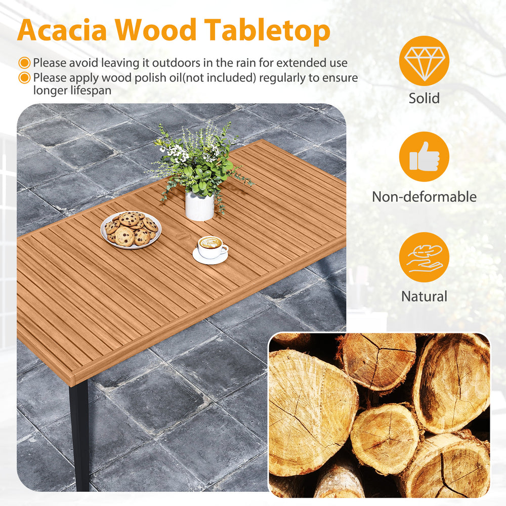 Acacia wood tabletop of 63-inch dining table with tapered metal legs, suitable for indoor and outdoor use.