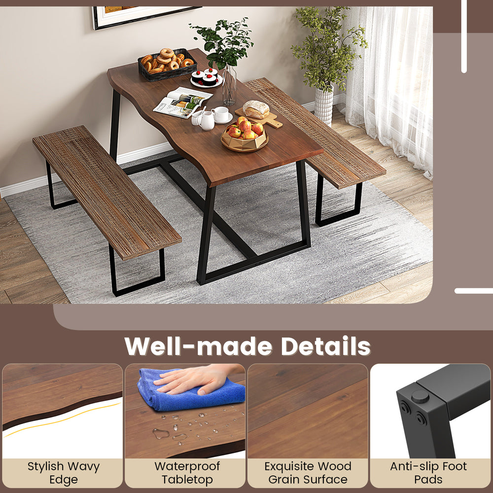Large dining table with wavy edge, waterproof wood grain surface, and heavy-duty metal frame, suitable for 4-6 people.