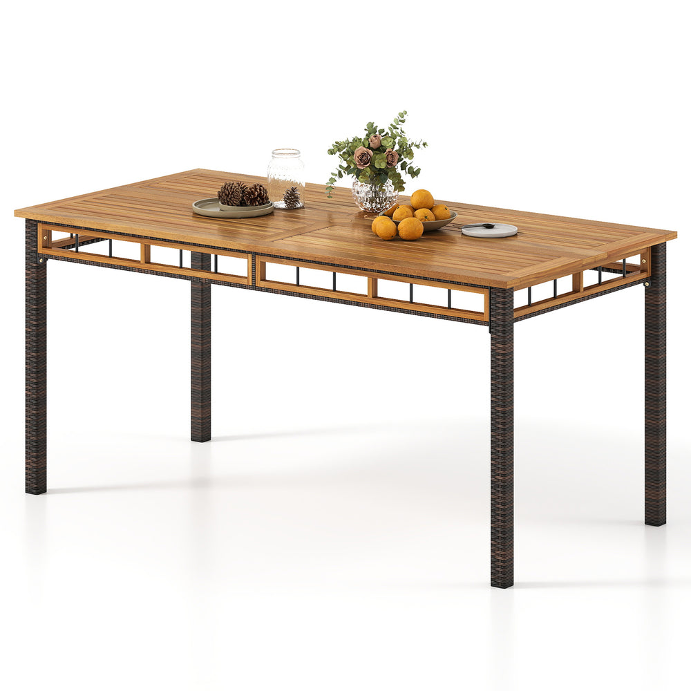 63" outdoor dining table featuring a solid acacia wood slatted top and unique PE rattan legs, perfect for yard or.