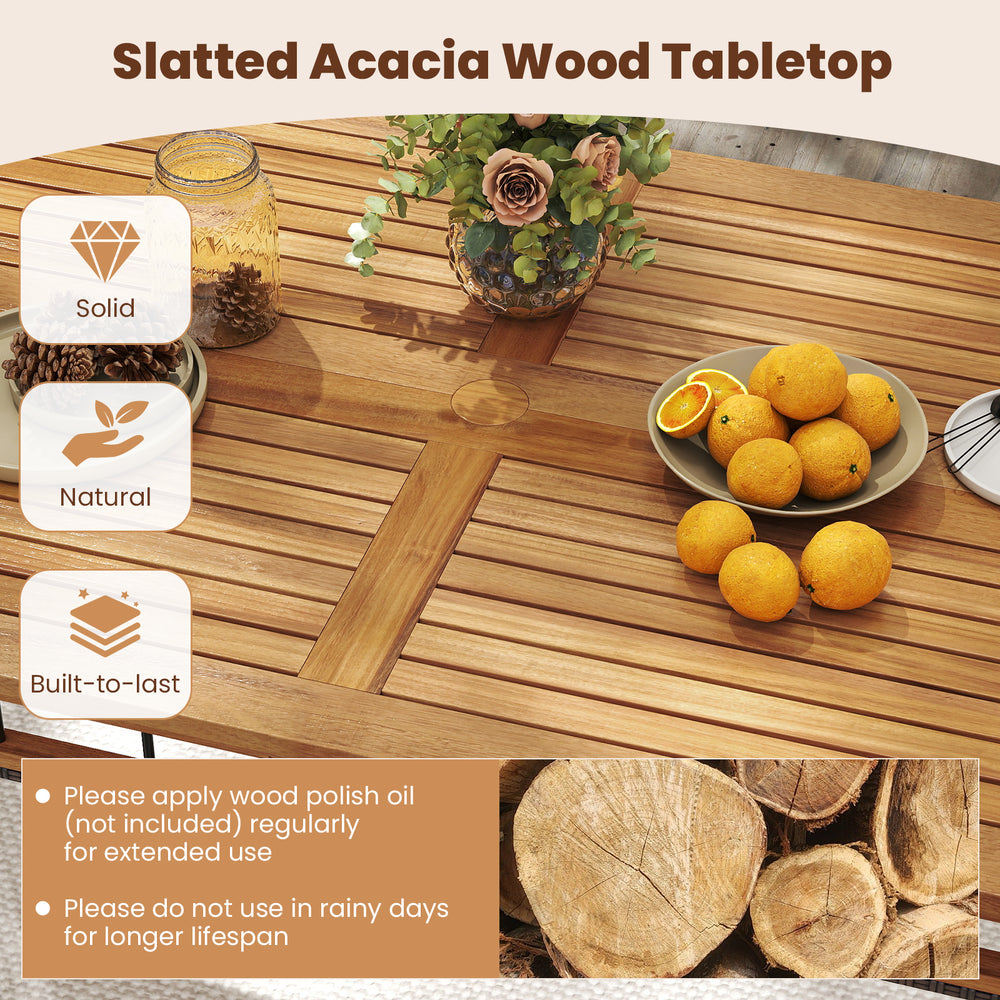 Slatted acacia wood tabletop of a 63" outdoor dining table, ideal for 6 people, featuring unique PE rattan legs.