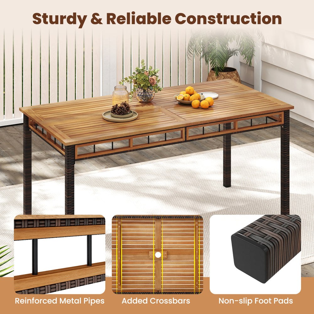 63" outdoor dining table with acacia wood slatted top and PE rattan legs, perfect for yard or poolside dining.
