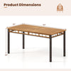 Dimensions of the 63" outdoor dining table with acacia wood slatted tabletop and PE rattan legs for sturdy use.