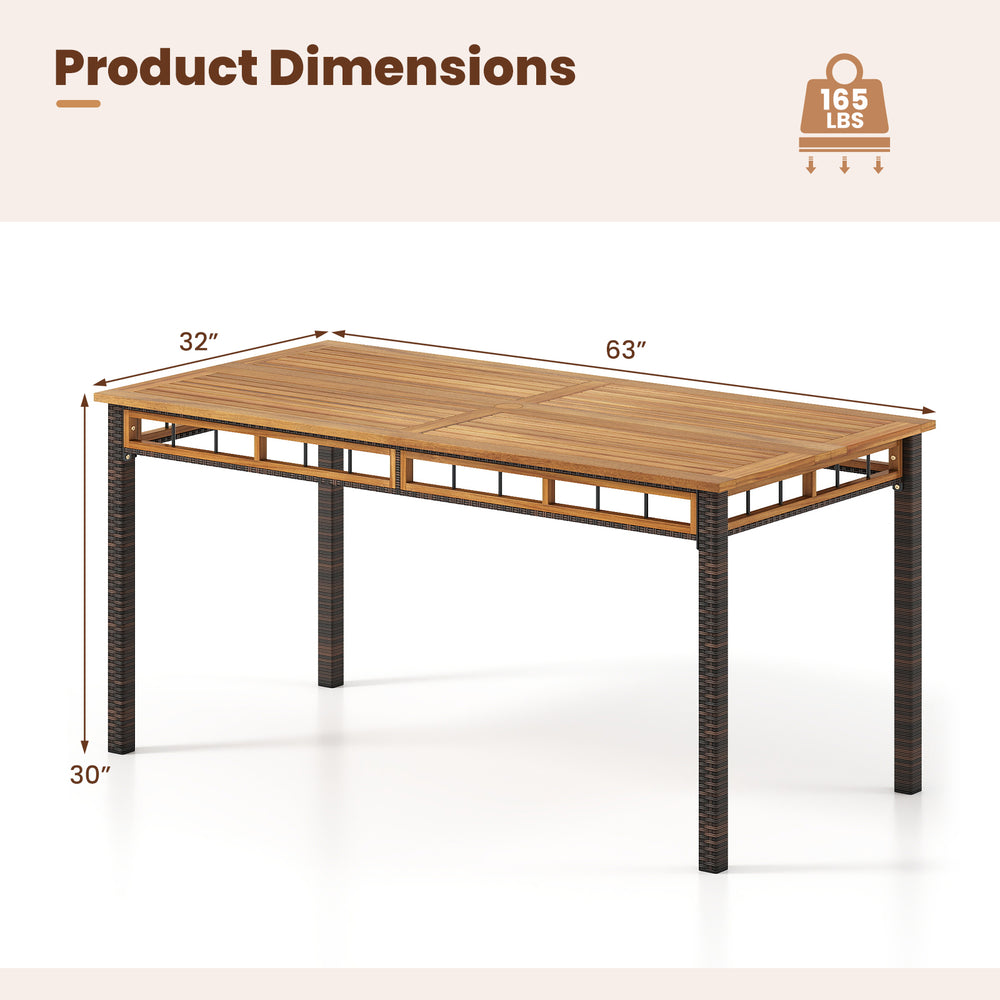 Dimensions of the 63" outdoor dining table with acacia wood slatted tabletop and PE rattan legs for sturdy use.