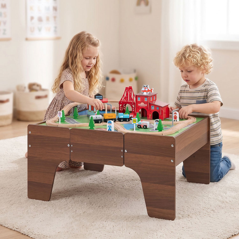 63 Piece Kids Train Table with Storage Drawer and Reversible Tabletop-Walnut - Gallery View 1 of 10