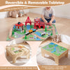 Kids train table with toy garage and beech wood tracks, shown with reversible tabletop and natural finish for pretend play.