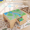Kids train table with reversible tabletop displays a wooden road scene and storage drawer for creative play.