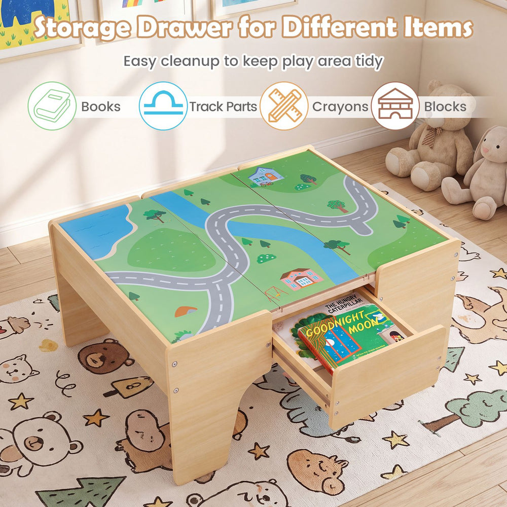 Kids train table with reversible tabletop displays a wooden road scene and storage drawer for creative play.