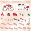 63 piece kids train table set shown with beech wood tracks, toy garage, bridge, and traffic signs for creative play.
