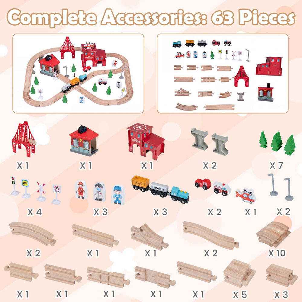 63 piece kids train table set shown with beech wood tracks, toy garage, bridge, and traffic signs for creative play.