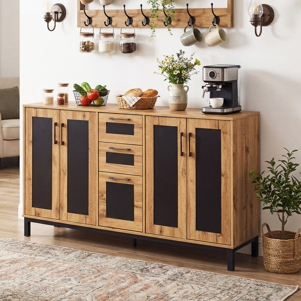 63" sideboard buffet cabinet in natural wood with black panels, featuring 3 drawers and double-door cabinets for.