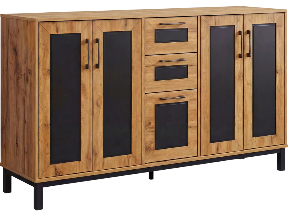 63" sideboard buffet cabinet with a spacious top and smooth surface, featuring contemporary wood grain and black.