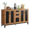 63" sideboard buffet cabinet with natural wood grain and black panels, featuring 3 drawers and double-door cabinets for.