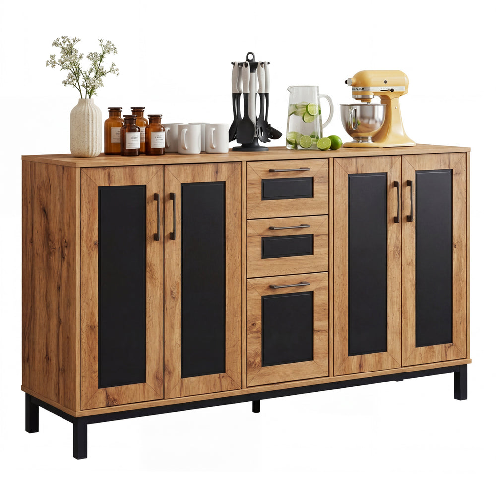 63" sideboard buffet cabinet with natural wood grain and black panels, featuring 3 drawers and double-door cabinets for.