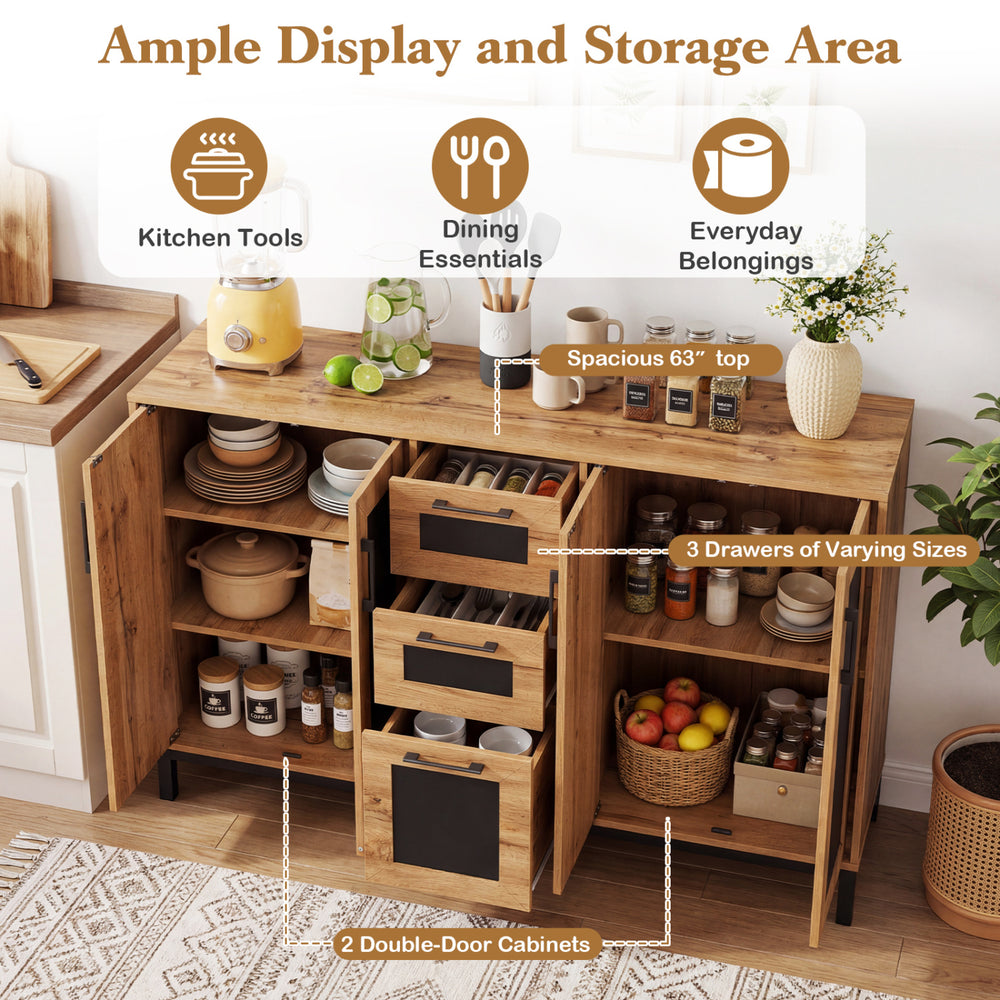 63" sideboard buffet cabinet with 3 drawers and 2 double-door cabinets for versatile kitchen storage and display.