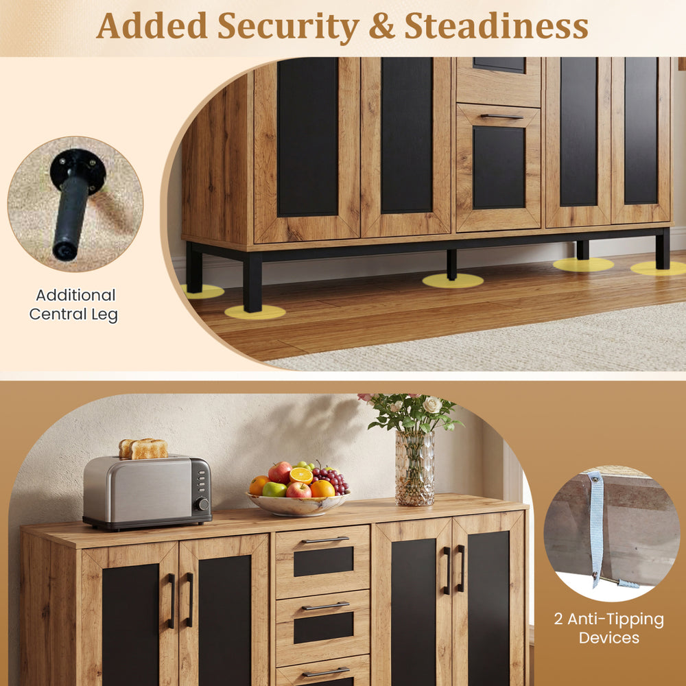 Close-up of the 63" sideboard buffet cabinet showcasing the additional central leg and anti-tipping devices for.