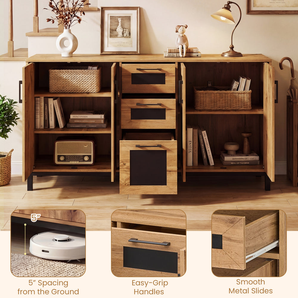 63" sideboard buffet cabinet with 3 drawers and storage shelves in natural wood, perfect for kitchens and living rooms.