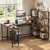 U-shaped computer desk in rustic brown with power outlets, keyboard tray, and 5-tier bookshelf for organized workspace.