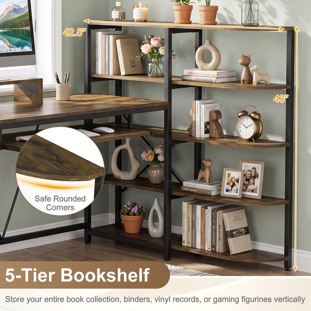 5-tier bookshelf in rustic brown with rounded corners, ideal for storing books and collectibles vertically.