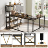 U-shaped computer desk in rustic brown with 5-tier bookshelf, power outlets, and adjustable foot pads for stability.