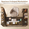 U-shaped computer desk in rustic brown features power outlets, a keyboard tray, and five-tier bookshelf for versatile storage.