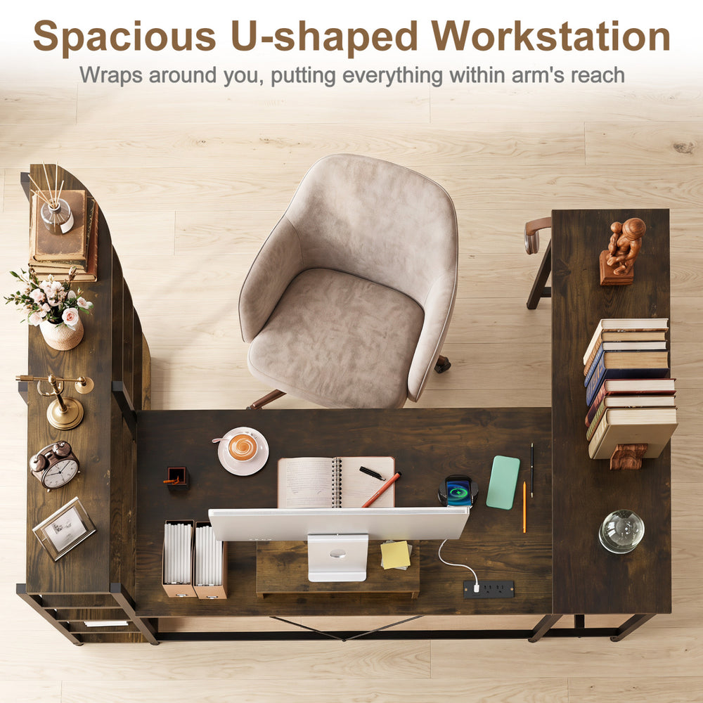 U-shaped computer desk in rustic brown features power outlets, a keyboard tray, and five-tier bookshelf for versatile storage.