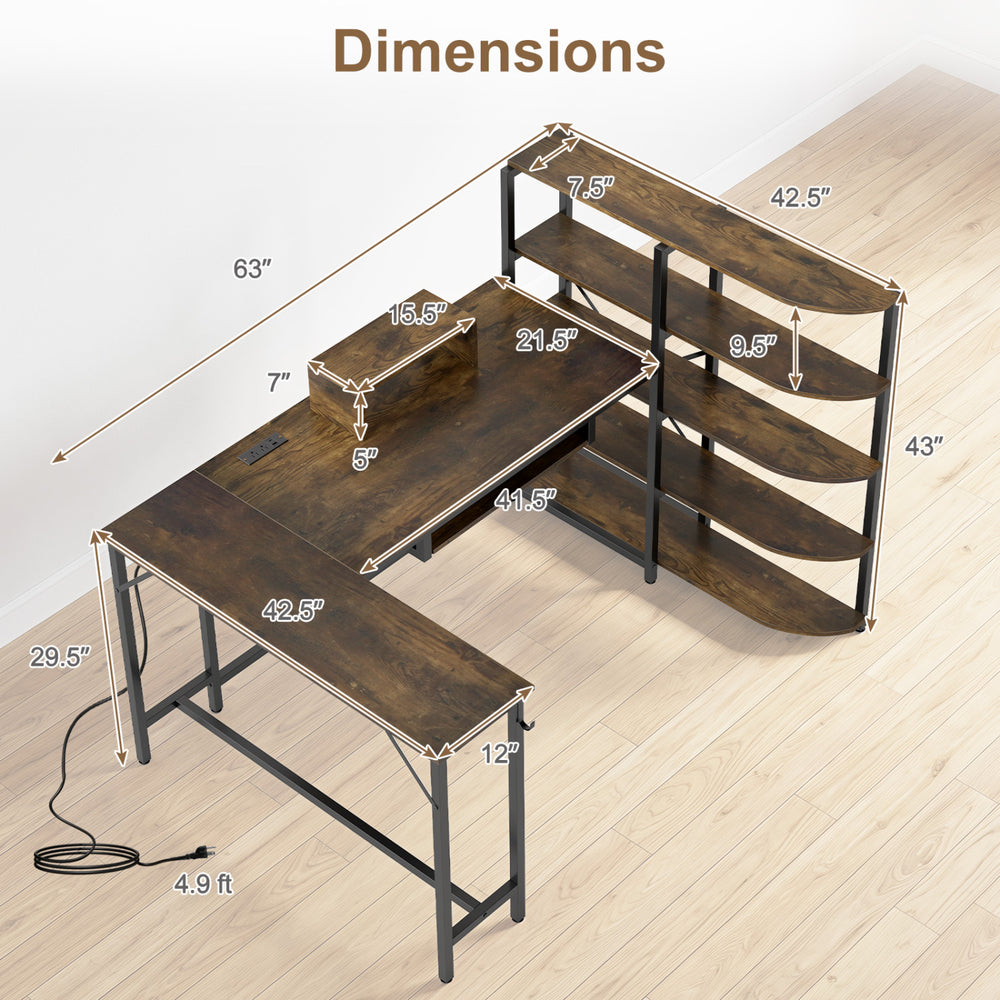 U-shaped 63" computer desk in rustic brown with power outlets, keyboard tray, and 5-tier bookshelf for versatile storage.