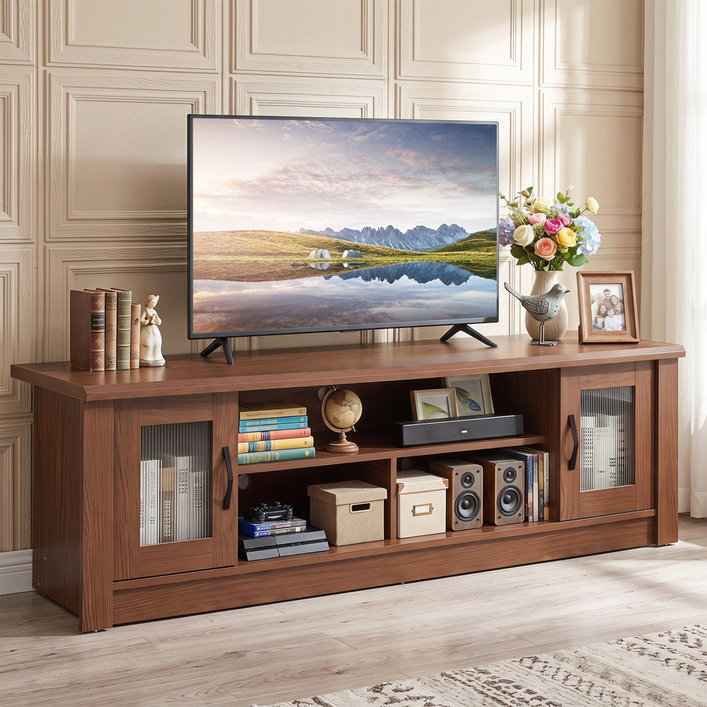63” Wooden Farmhouse TV Stand for 70" TVs with 2 Fluted Doors and 3 Open Compartments-Brown - Gallery View 1 of 10