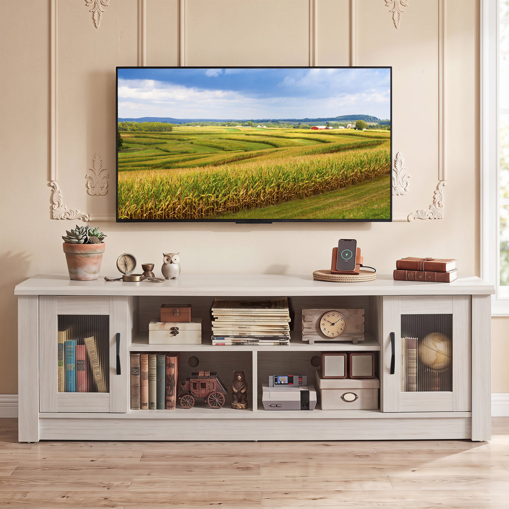 Spacious 63” wooden farmhouse TV stand in white with fluted doors, designed for TVs up to 70" and ample storage.