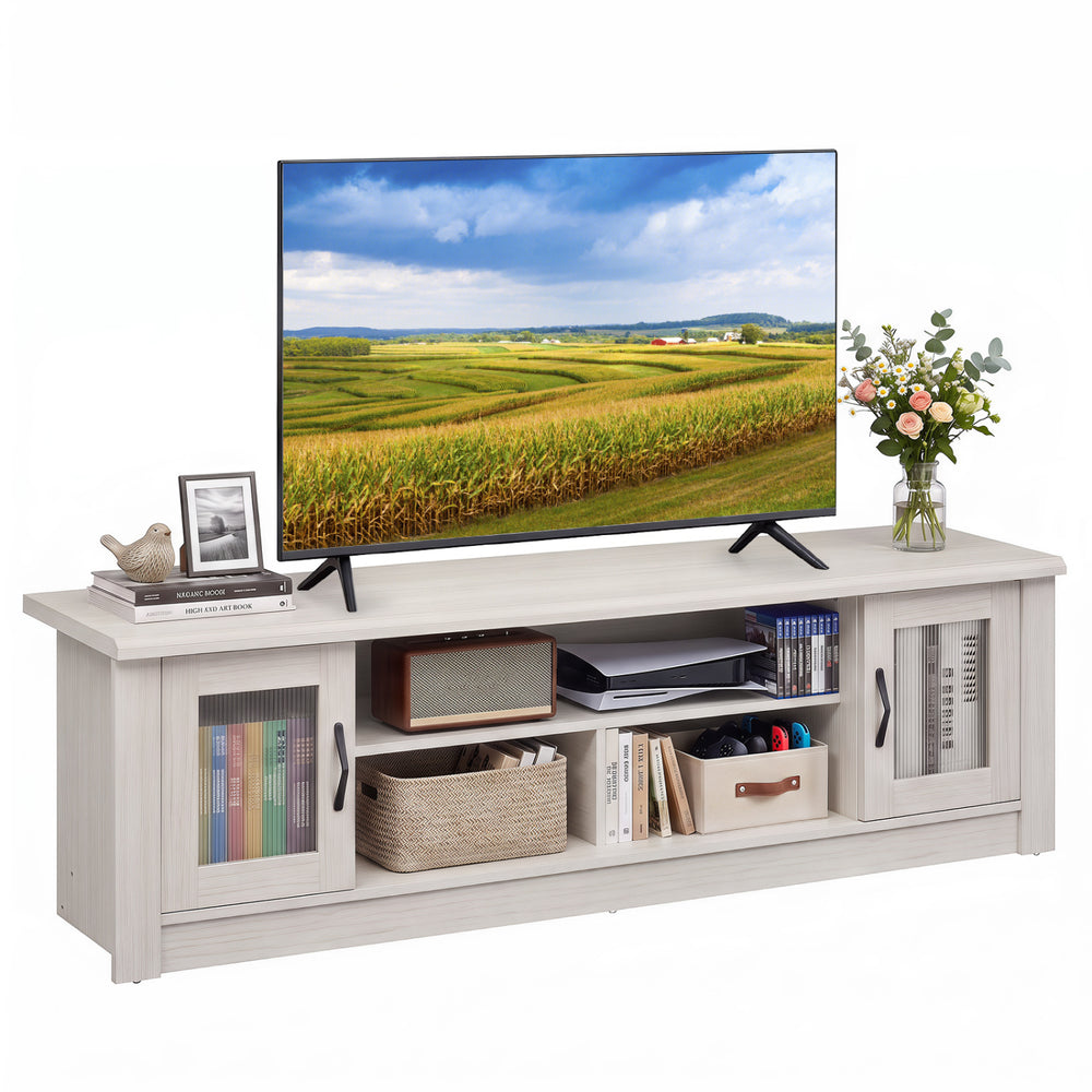 Spacious 63” wooden farmhouse TV stand in white with fluted doors and three open compartments for TVs up to 70".