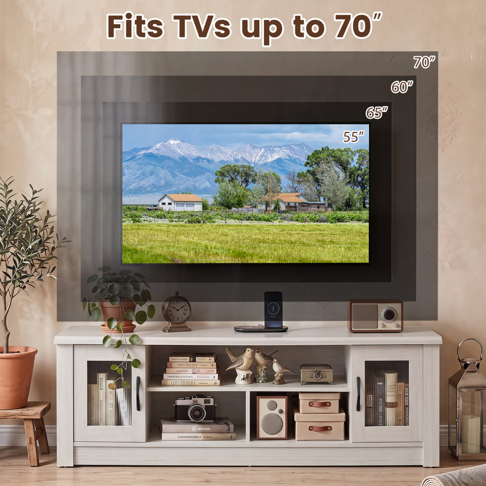 Spacious 63” wooden farmhouse TV stand in white, designed for TVs up to 70", featuring fluted doors and open compartments.