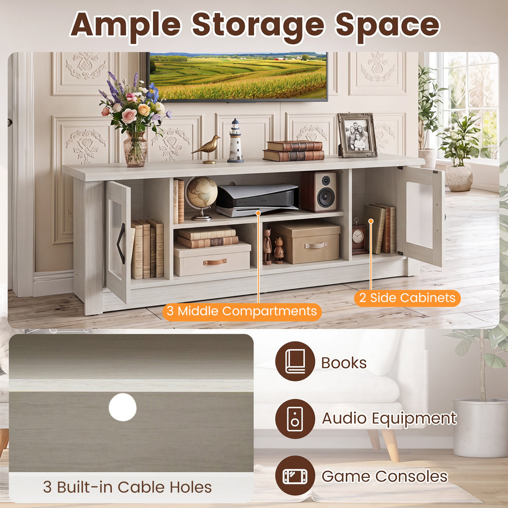 Spacious 63” wooden farmhouse TV stand with 2 fluted doors, 3 open compartments, and ample storage for media essentials.