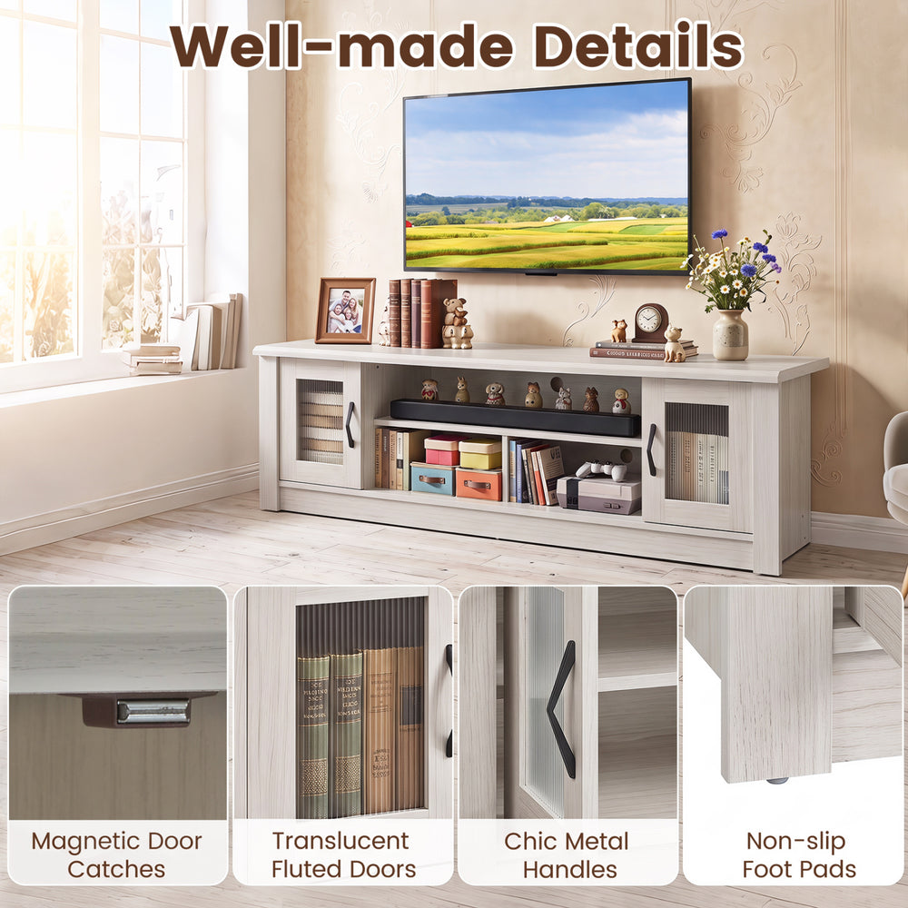 Wooden farmhouse TV stand with 2 fluted doors, 3 open compartments, and non-slip foot pads for stability and storage.