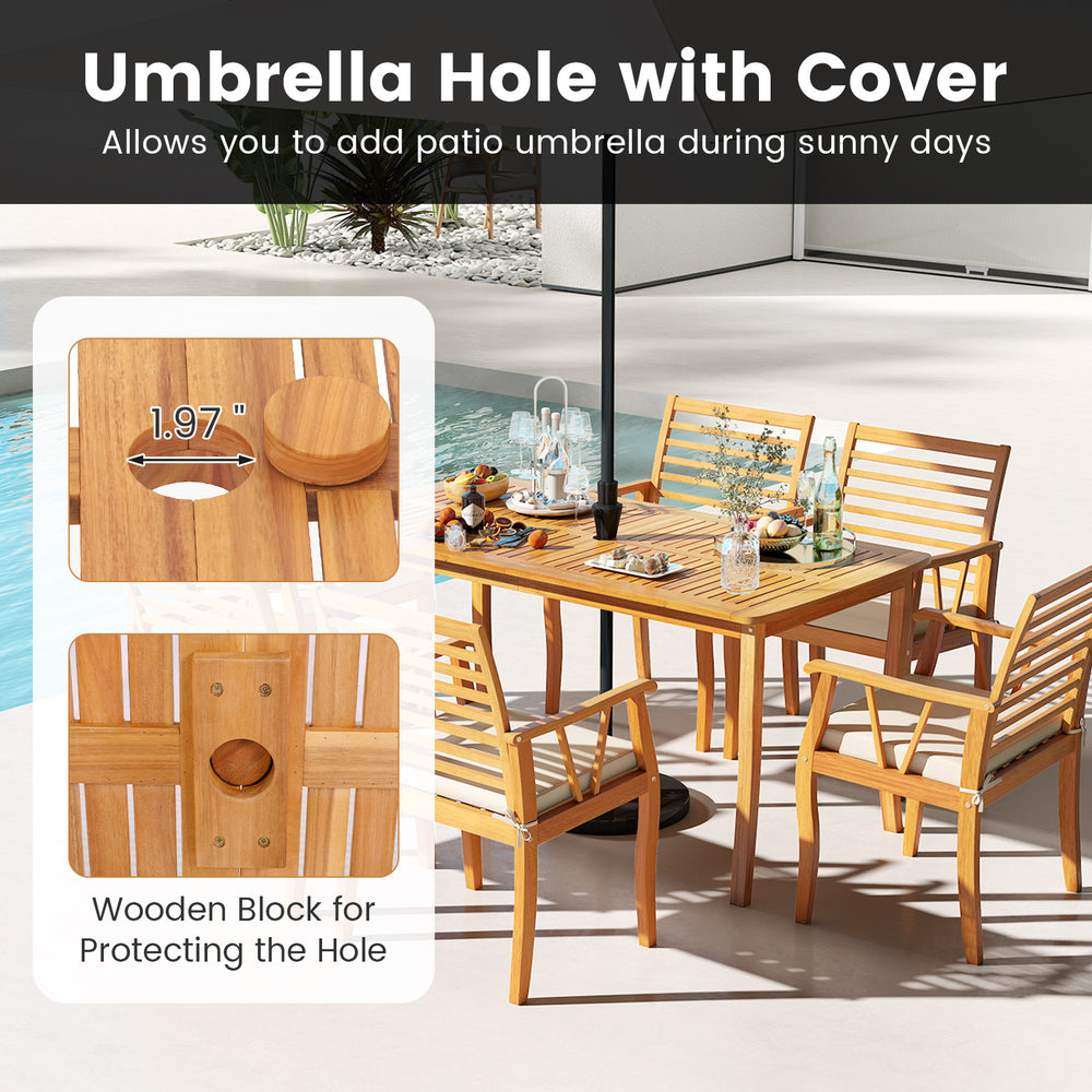 63-inch outdoor dining table featuring a 1.97" umbrella hole with cover, made of solid acacia wood for durability.