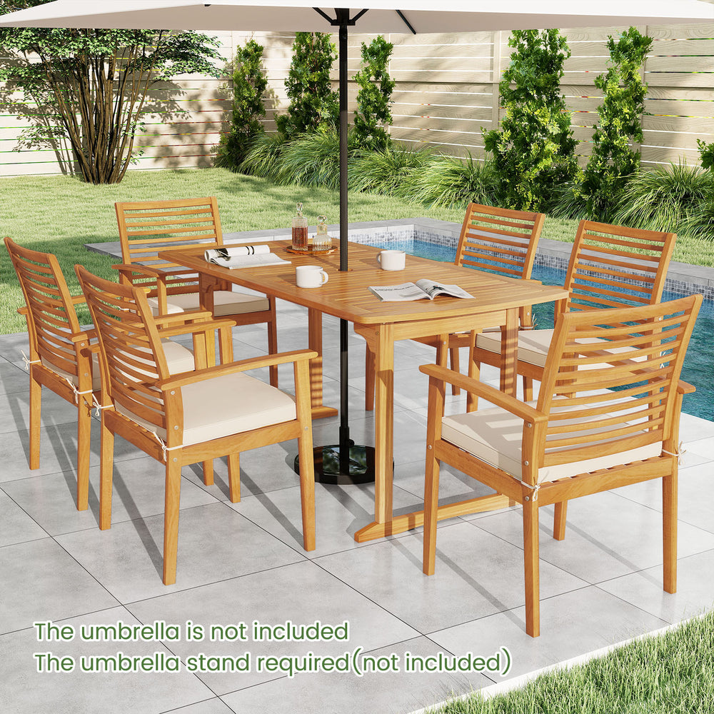 Outdoor dining table with slatted acacia wood top, 63 inches, featuring an umbrella hole for outdoor use.