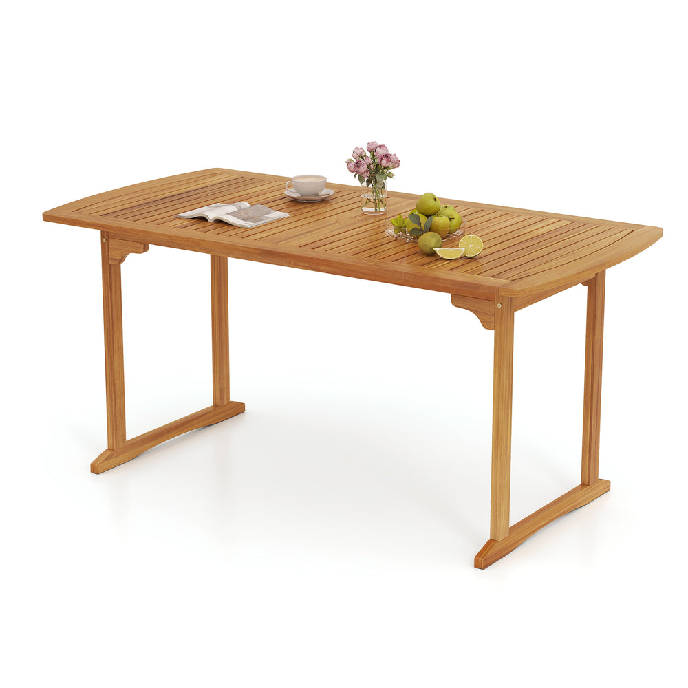 63-inch acacia wood outdoor dining table with slatted tabletop and umbrella hole, perfect for outdoor gatherings.