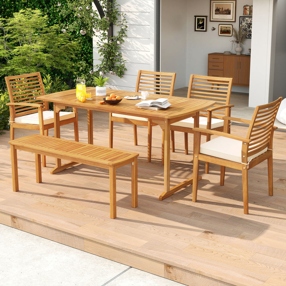 Outdoor dining table with slatted acacia wood top, 63 inches, featuring an umbrella hole, perfect for patio gatherings.