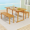 Outdoor dining table with slatted acacia wood top, umbrella hole, and sturdy base, perfect for patio gatherings.