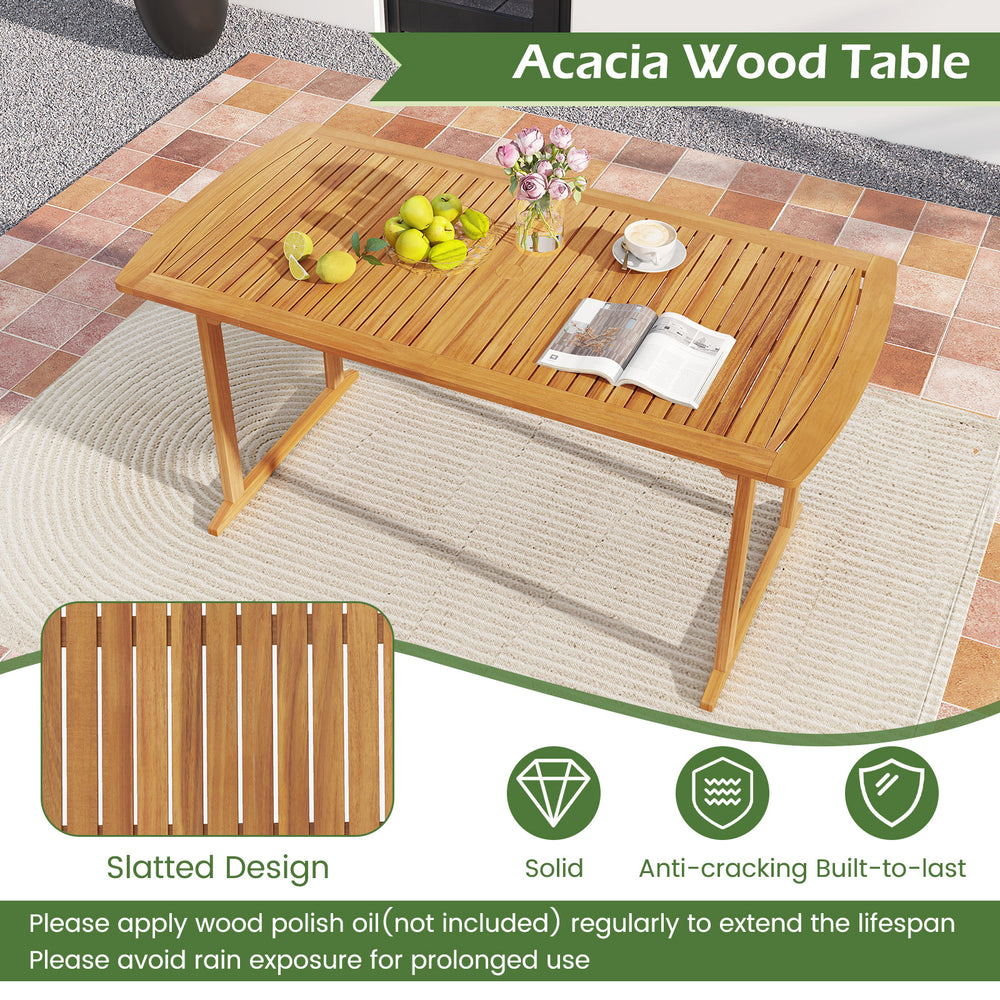 63-inch acacia wood outdoor dining table with slatted design and umbrella hole, perfect for outdoor dining setups.