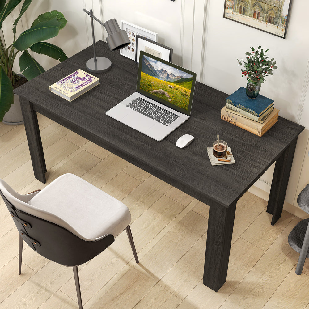 Gray 63-inch rectangular modern dining table with spacious desktop and thick wood legs, ideal for kitchen or office use.