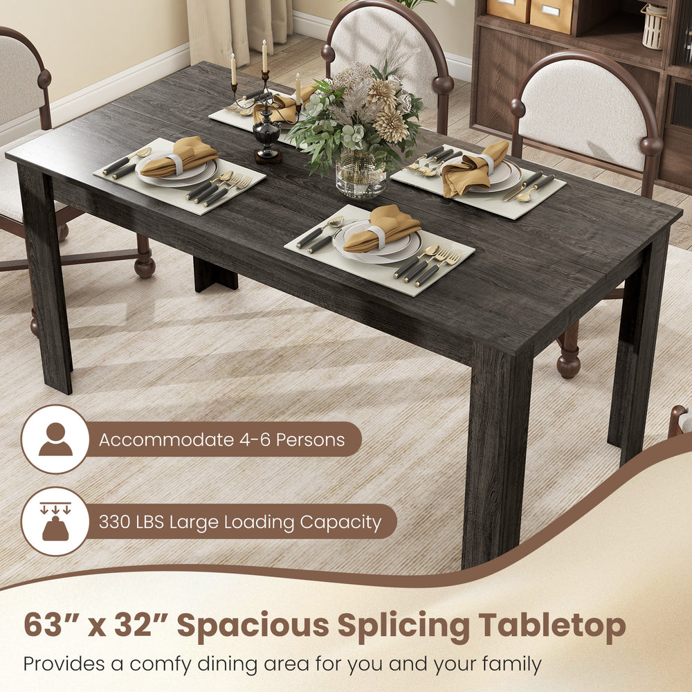 Spacious 63" gray dining table with particleboard surface, accommodating 4-6 persons, ideal for kitchen or dining room.