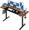 Height adjustable 63 x 24 inch computer desk in rustic brown with dual hooks, three monitors, and cable management.