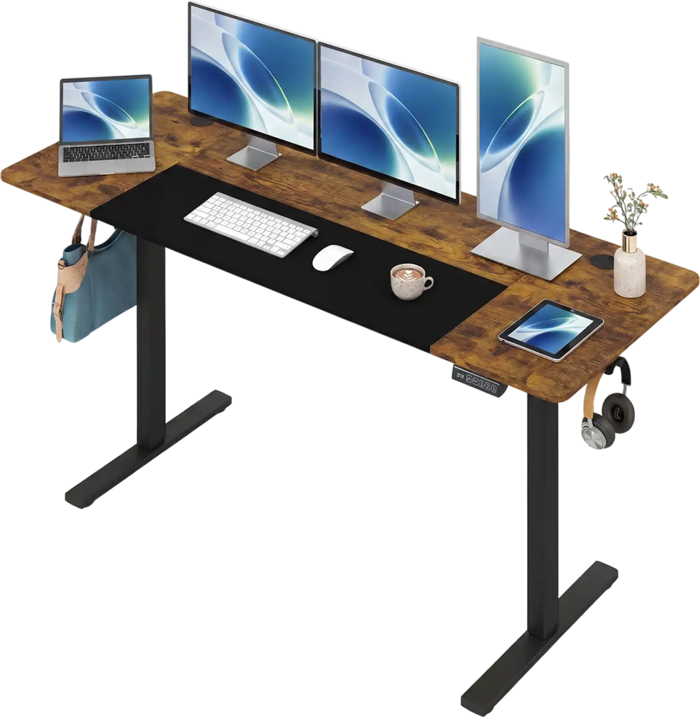 Height adjustable 63 x 24 inch computer desk in rustic brown with dual hooks, three monitors, and cable management.